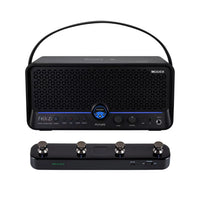 Front view of MOOER F40i Li Amp Phantom Black and Black F4 Footswitch on white background