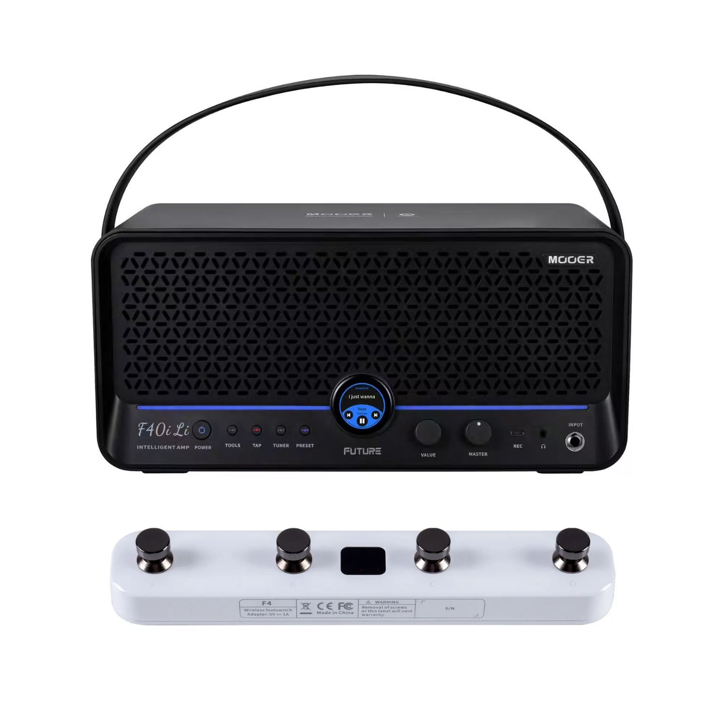 Front view of MOOER F40i Li Amp Phantom Black and White F4 Footswitch on white background