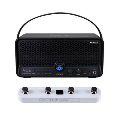 Front view of MOOER F40i Li Amp Phantom Black and White F4 Footswitch on white background