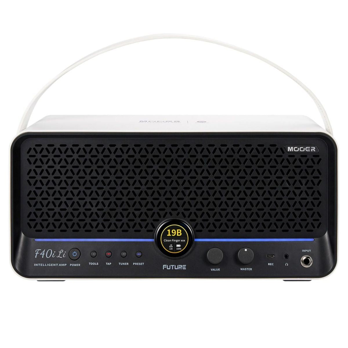 Front view of MOOER F40i Li Amp Snowfall White on white background