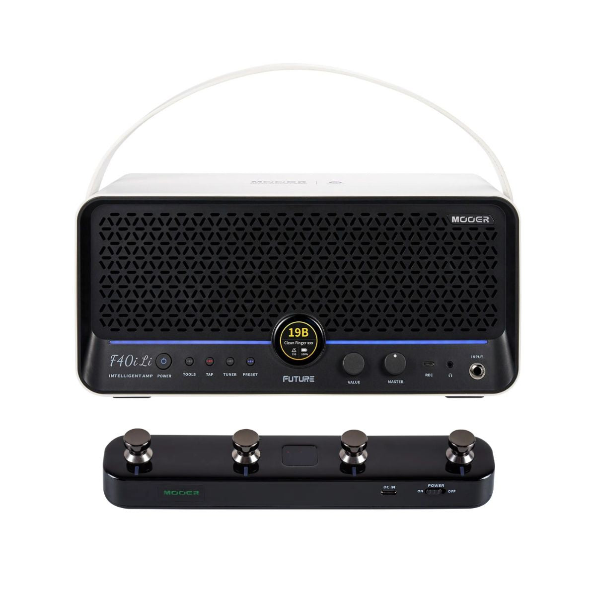 Front view of MOOER F40i Li Amp Snowfall White and Black F4 Footswitch on white background