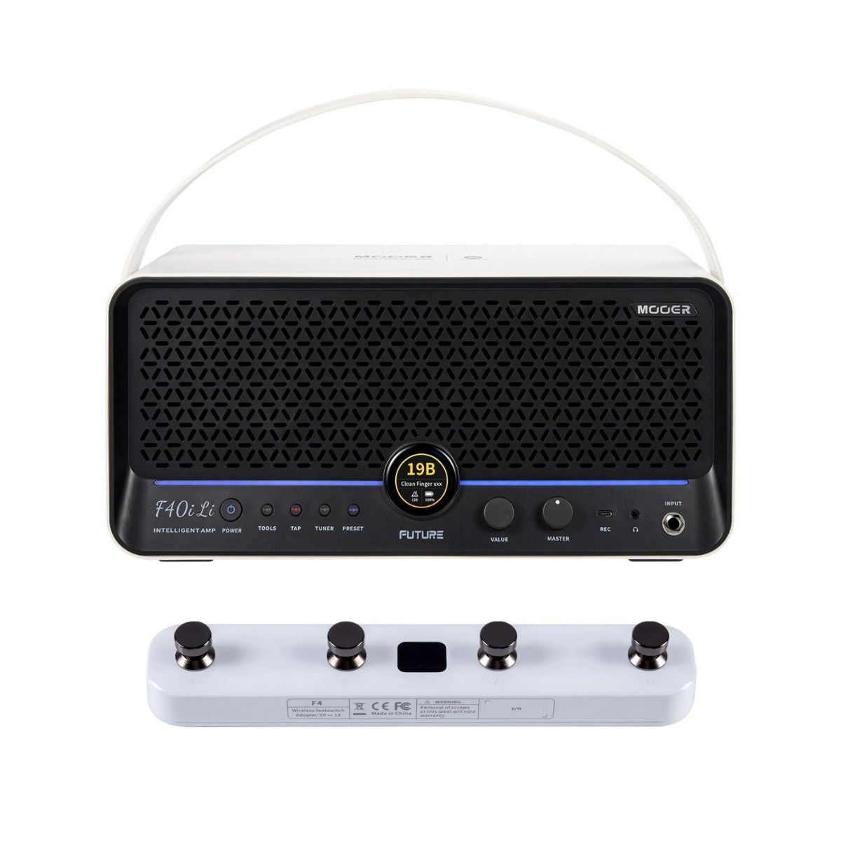 Front view of MOOER F40i Li Amp Snowfall White and White F4 Footswitch on white background