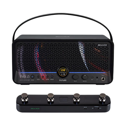 Front view of MOOER F40i Li Intelligent Amp Phantom Black and Black F4 Footswitch on white background