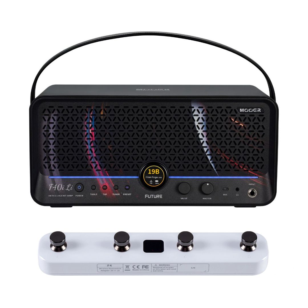 Front view of MOOER F40i Li Intelligent Amp Phantom Black and White F4 Footswitch on white background