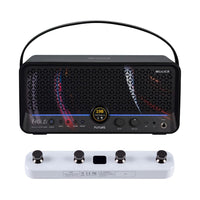 Front view of MOOER F40i Li Intelligent Amp Phantom Black and White F4 Footswitch on white background