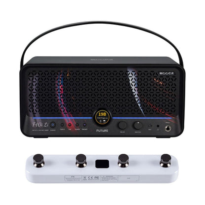 Front view of MOOER F40i Li Intelligent Amp Phantom Black and White F4 Footswitch on white background