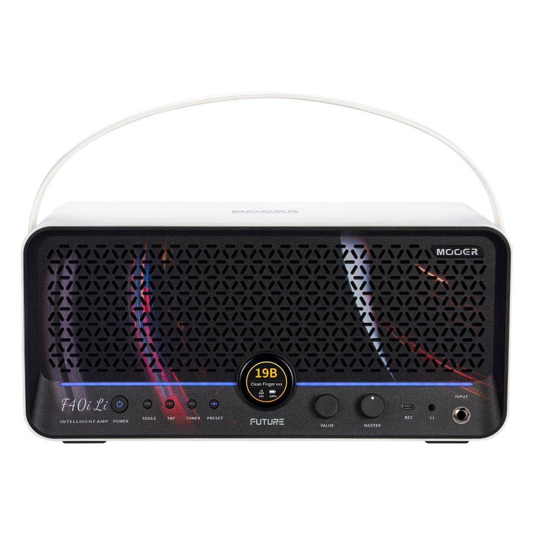 Front view of MOOER F40i Li Intelligent Amp Snowfall White on white background