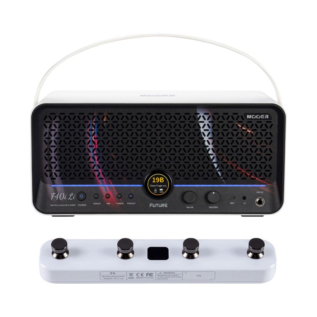 Front view of MOOER F40i Li Intelligent Amp Snowfall White and White F4 Footswitch on white background