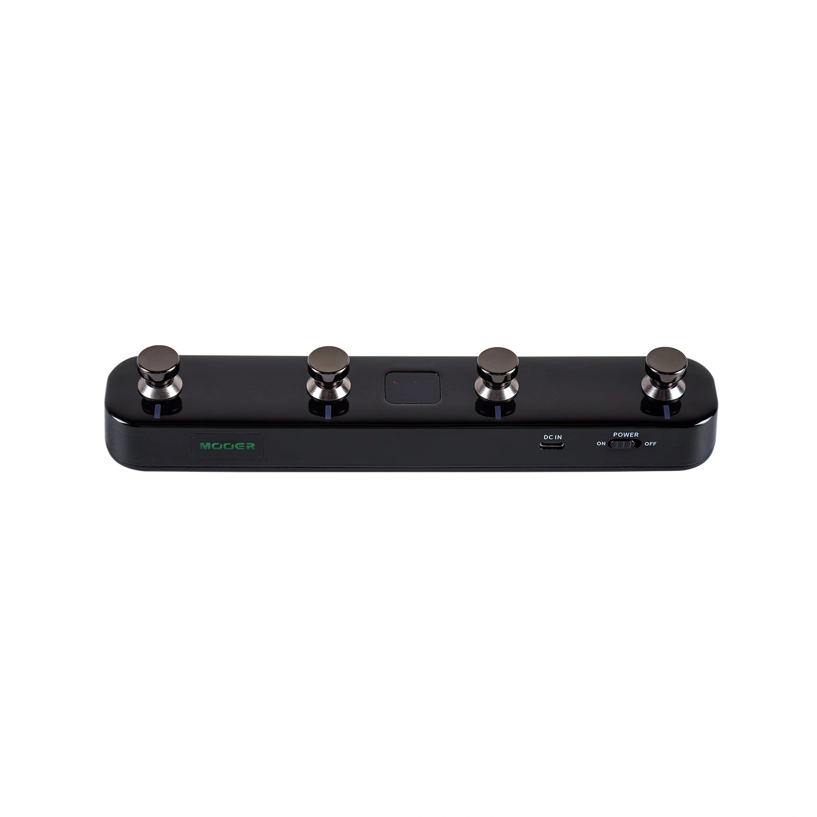 Angled top view of black Mooer F4 on white background