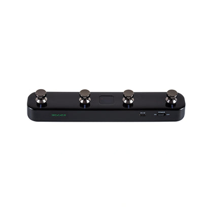 Angled top view of black Mooer F4 on white background