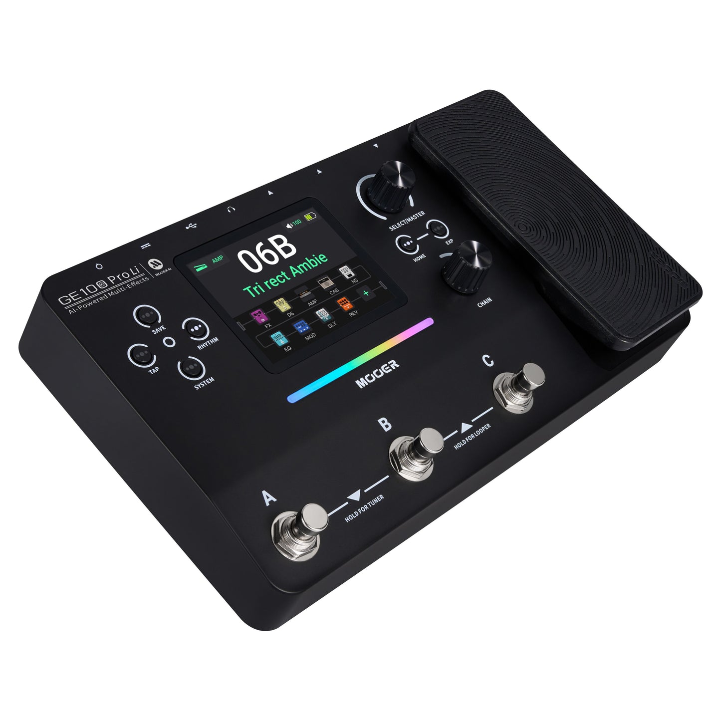 Angled view of MOOER GE100 Pro Li Pedal on white background