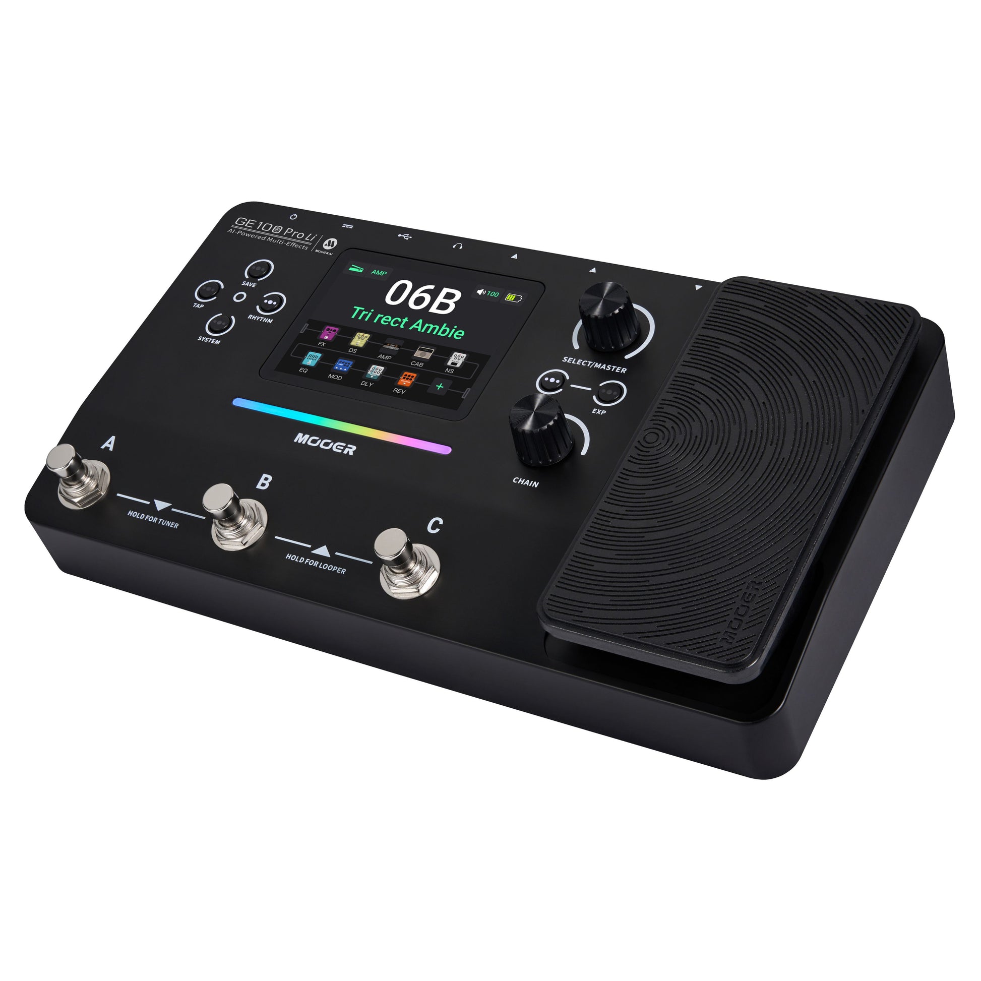 Angled view of MOOER GE100 Pro Li Pedal on white background