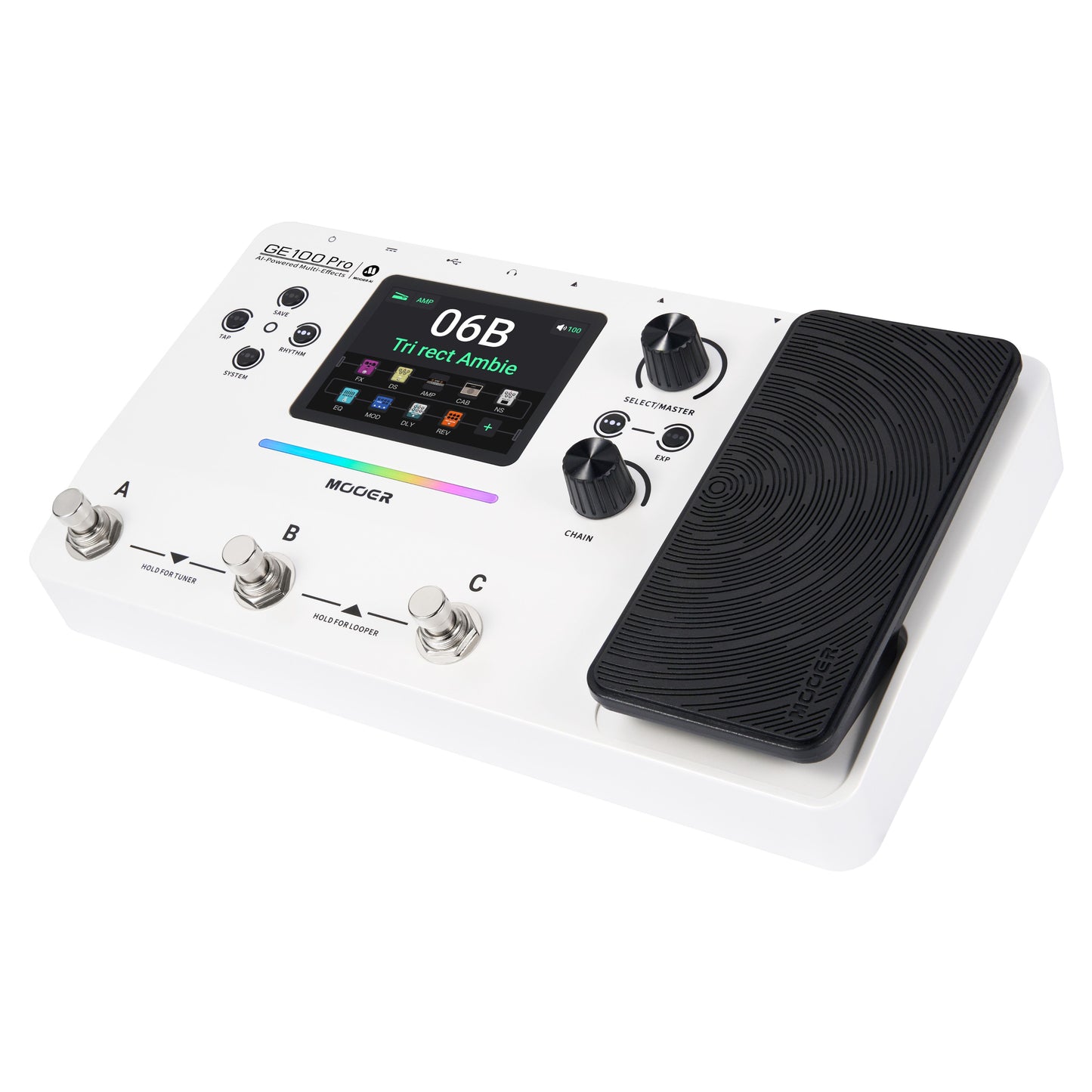 Angled view of MOOER GE100 Pro Pedal on white background
