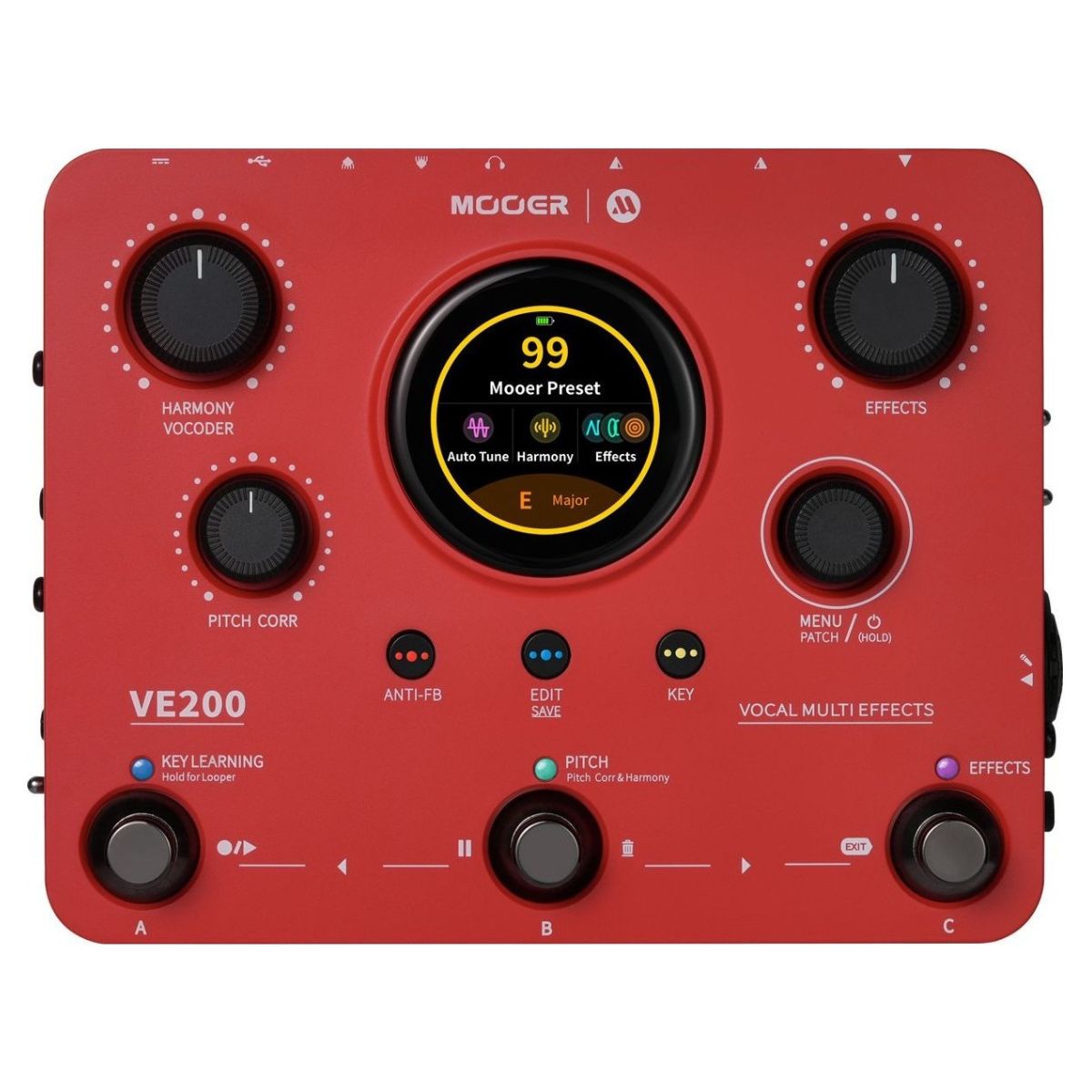 Front view of MOOER VE200 Vocal Multi Effects Pedal on white background