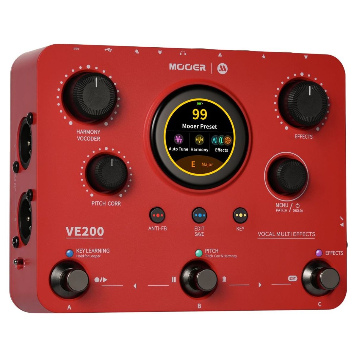 Angled front view of MOOER VE200 Vocal Multi Effects Pedal on white background