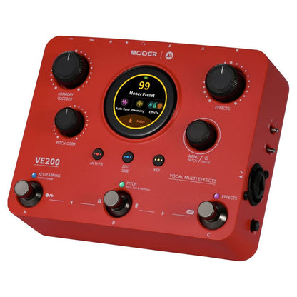 Angled front view of MOOER VE200 Vocal Multi Effects Pedal on white background