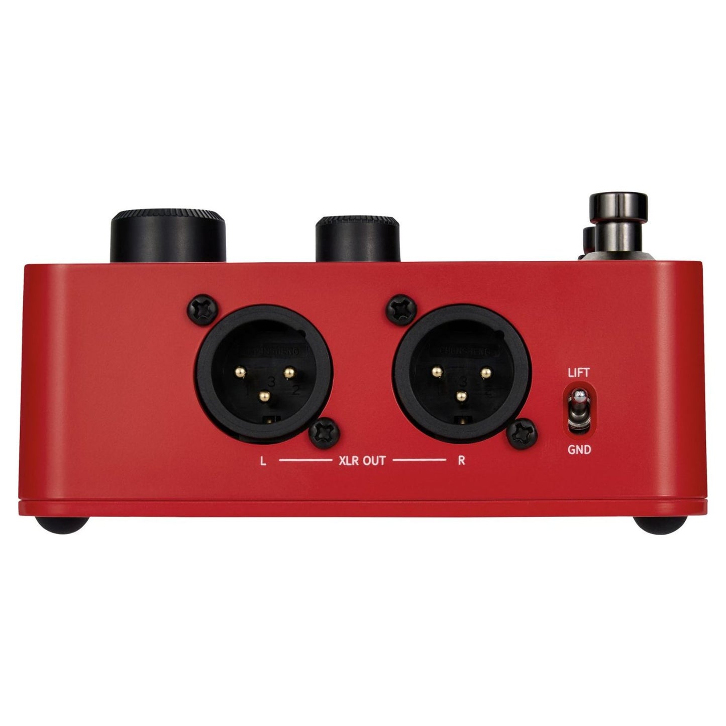 Left ports and switch view of MOOER VE200 Vocal Multi Effects Pedal on white background