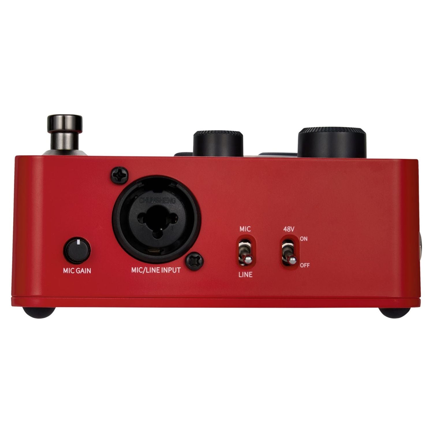 Right port and switches view of MOOER VE200 Vocal Multi Effects Pedal on white background
