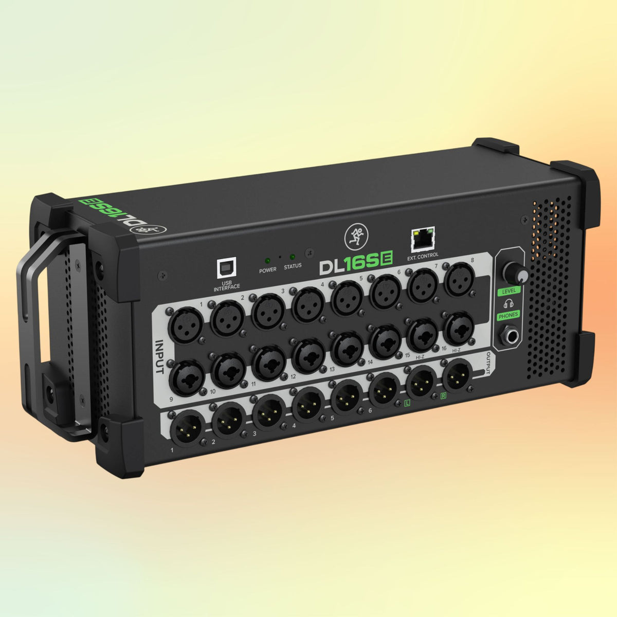Angled front view of Mackie DL16SE 16-Channel Digital Rack Mixer on yellow and orange gradient background