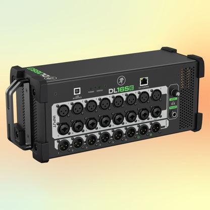 Angled front view of Mackie DL16SE 16-Channel Digital Rack Mixer on yellow and orange gradient background