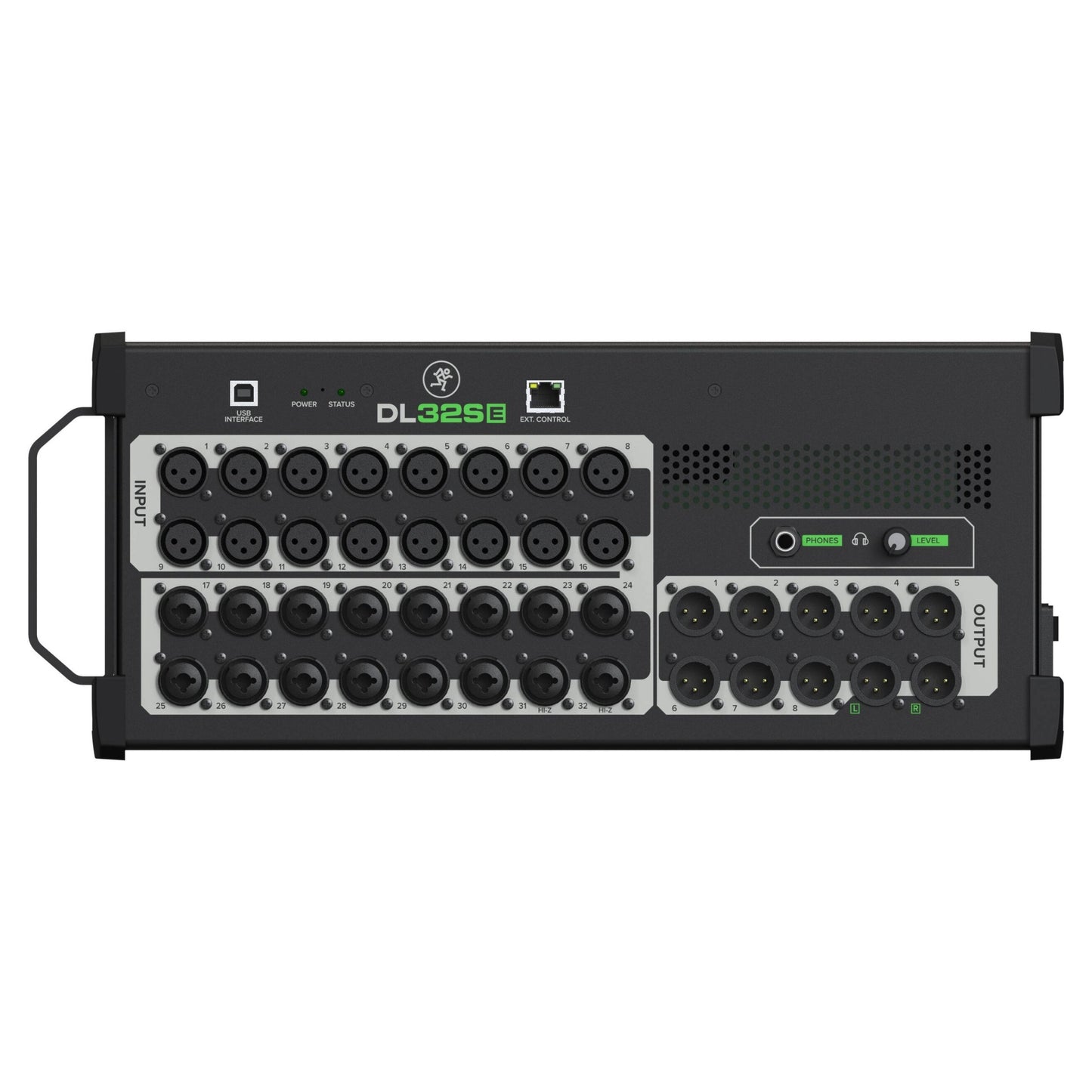 Front ports view of Mackie DL32SE 32-Channel Wireless Digital Mixer on white background