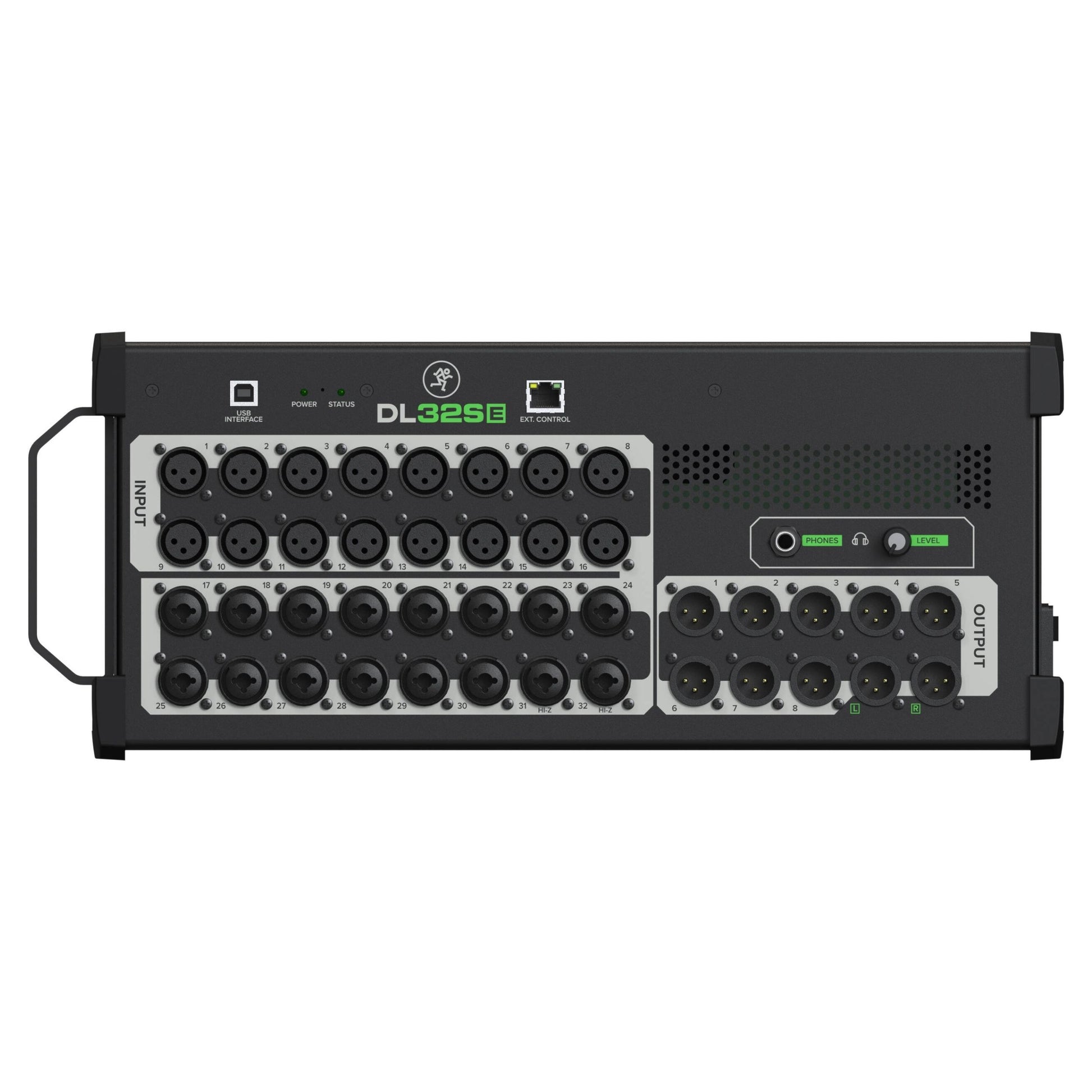 Front ports view of Mackie DL32SE 32-Channel Wireless Digital Mixer on white background