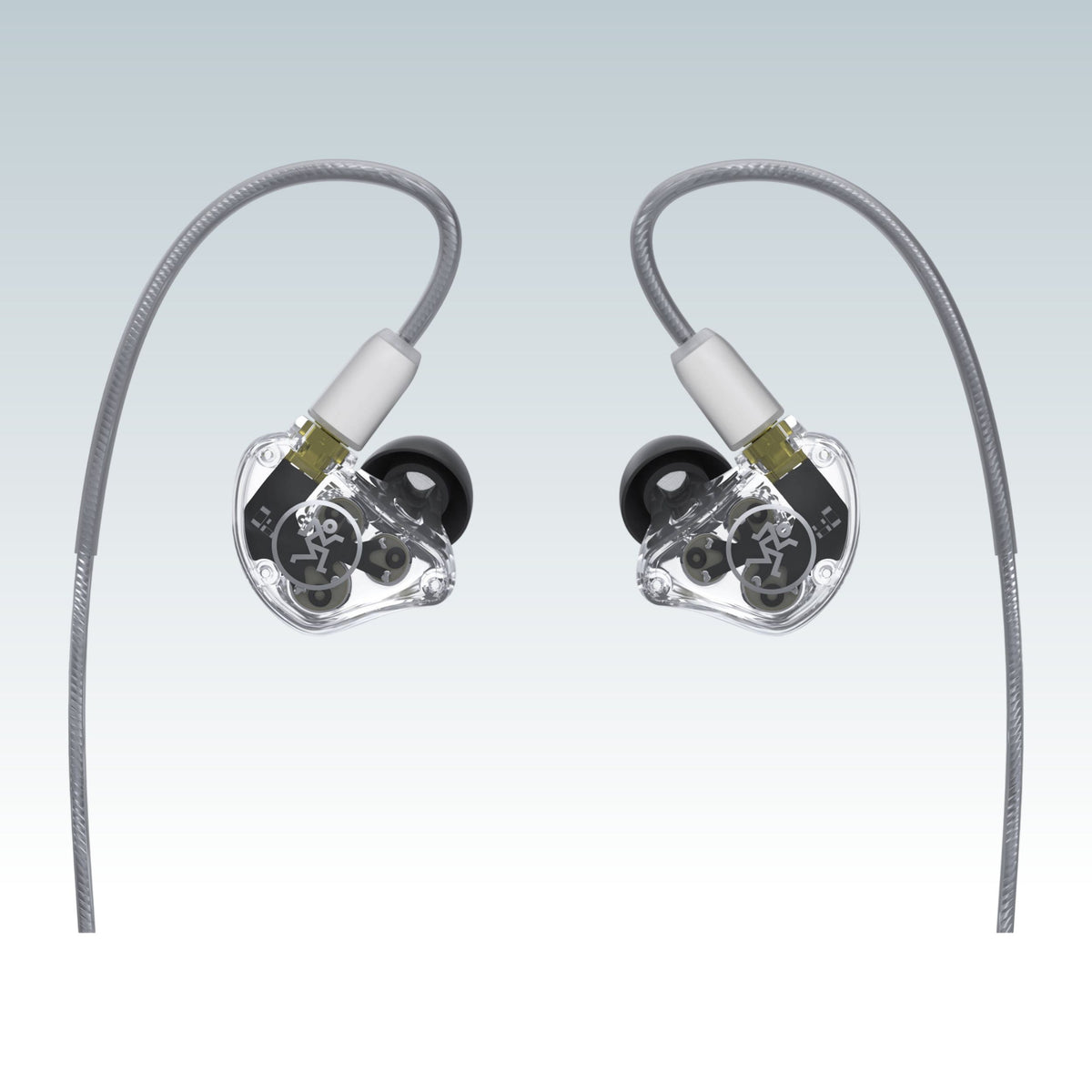 Front view of Mackie MP-320 Triple Dynamic Driver Professional In-Ear Monitors on smoky gray background