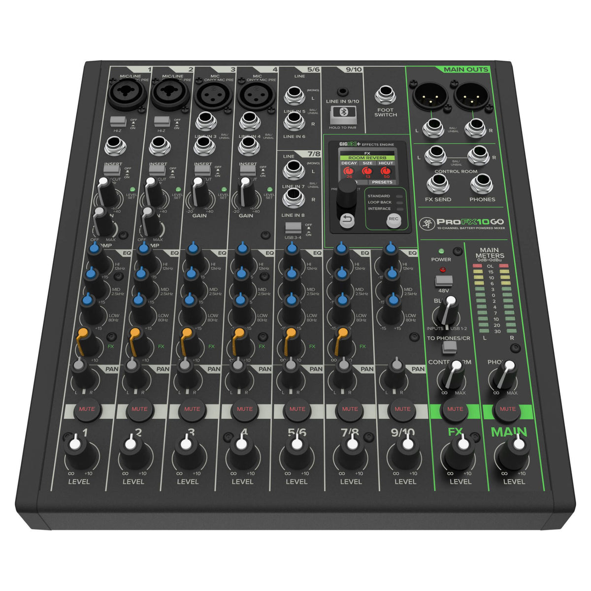 Front view of Mackie ProFX10 GO Battery-Powered Mixer on white background