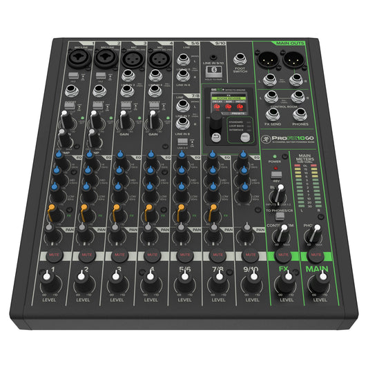 Front view of Mackie ProFX10 GO Battery-Powered Mixer on white background