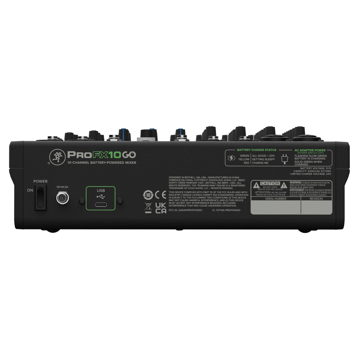 Rear ports view of Mackie ProFX10 GO Battery-Powered Mixer on white background