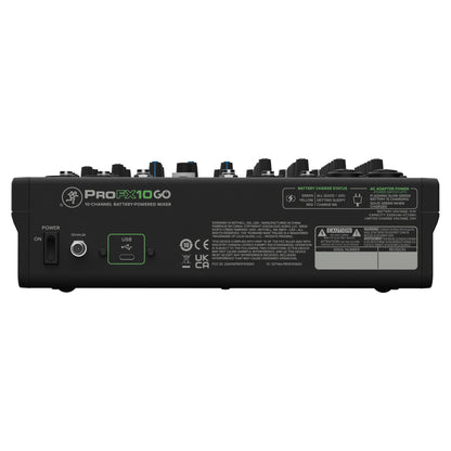 Rear ports view of Mackie ProFX10 GO Battery-Powered Mixer on white background