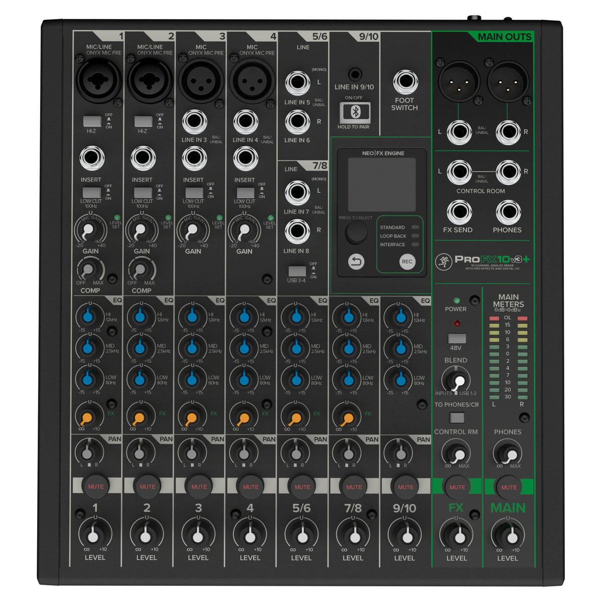 Front view of Mackie ProFX10v3+ 10-Channel Analog Mixer w/ USB Recording & Bluetooth on white background