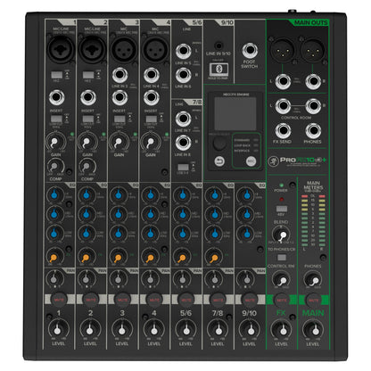Front view of Mackie ProFX10v3+ 10-Channel Analog Mixer w/ USB Recording & Bluetooth on white background