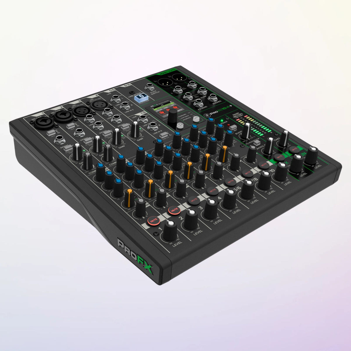 Angled view of Mackie ProFX10v3+ 10-Channel Analog Mixer w/ USB Recording & Bluetooth on purple background