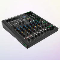 Angled view of Mackie ProFX10v3+ 10-Channel Analog Mixer w/ USB Recording & Bluetooth on purple background