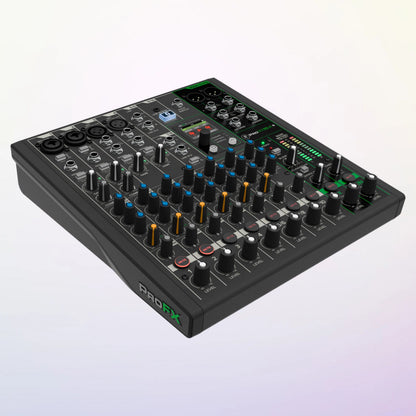 Angled view of Mackie ProFX10v3+ 10-Channel Analog Mixer w/ USB Recording & Bluetooth on purple background