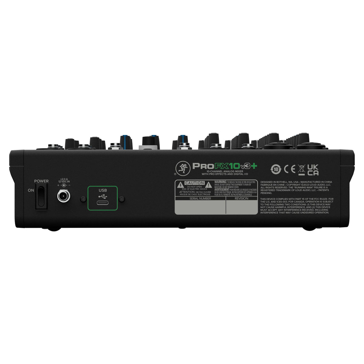 Rear ports view of Mackie ProFX10v3+ 10-Channel Analog Mixer w/ USB Recording & Bluetooth on white background