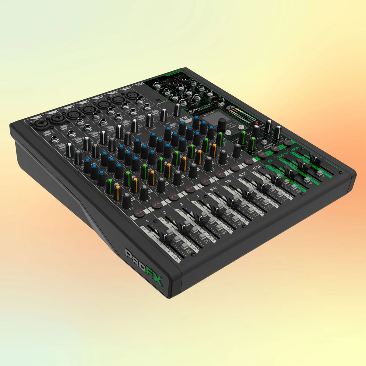 Angled view of Mackie ProFX12v3+ 12-Channel Analog Mixer w/ USB Recording & Bluetooth on yellow and orange gradient background