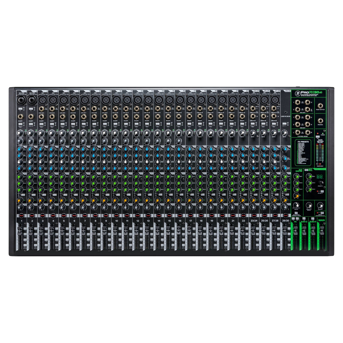 Front view of Mackie ProFX30v3 30-Channel Professional USB Mixer on white background