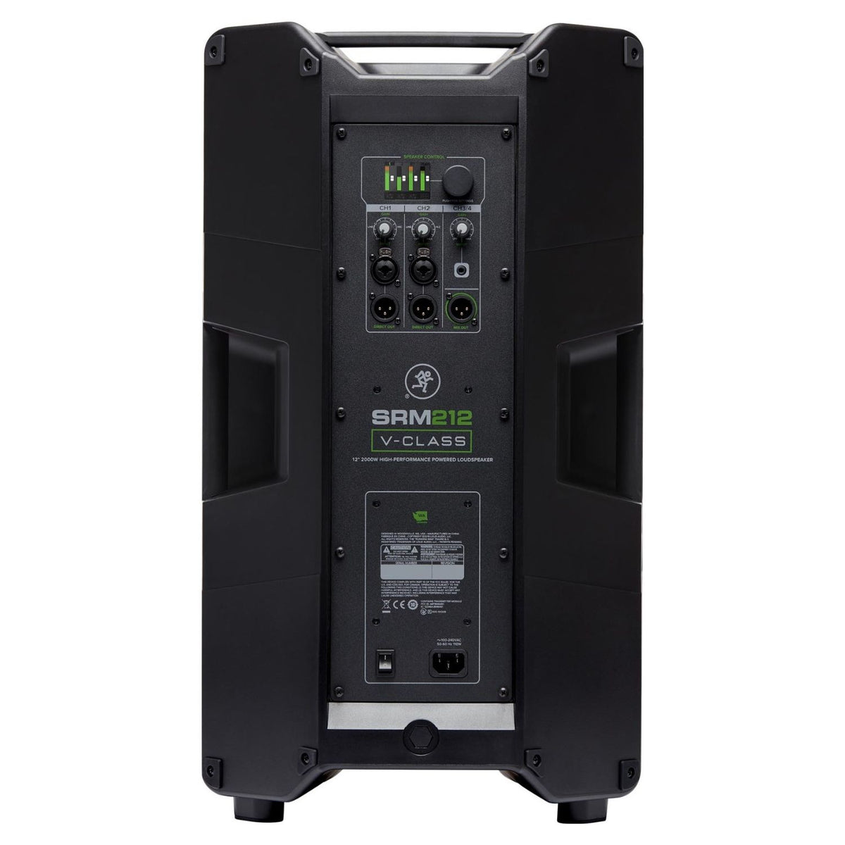 Rear ports view of Mackie SRM212 V-Class 12" 2000W High-Performance Powered Loudspeaker on white background