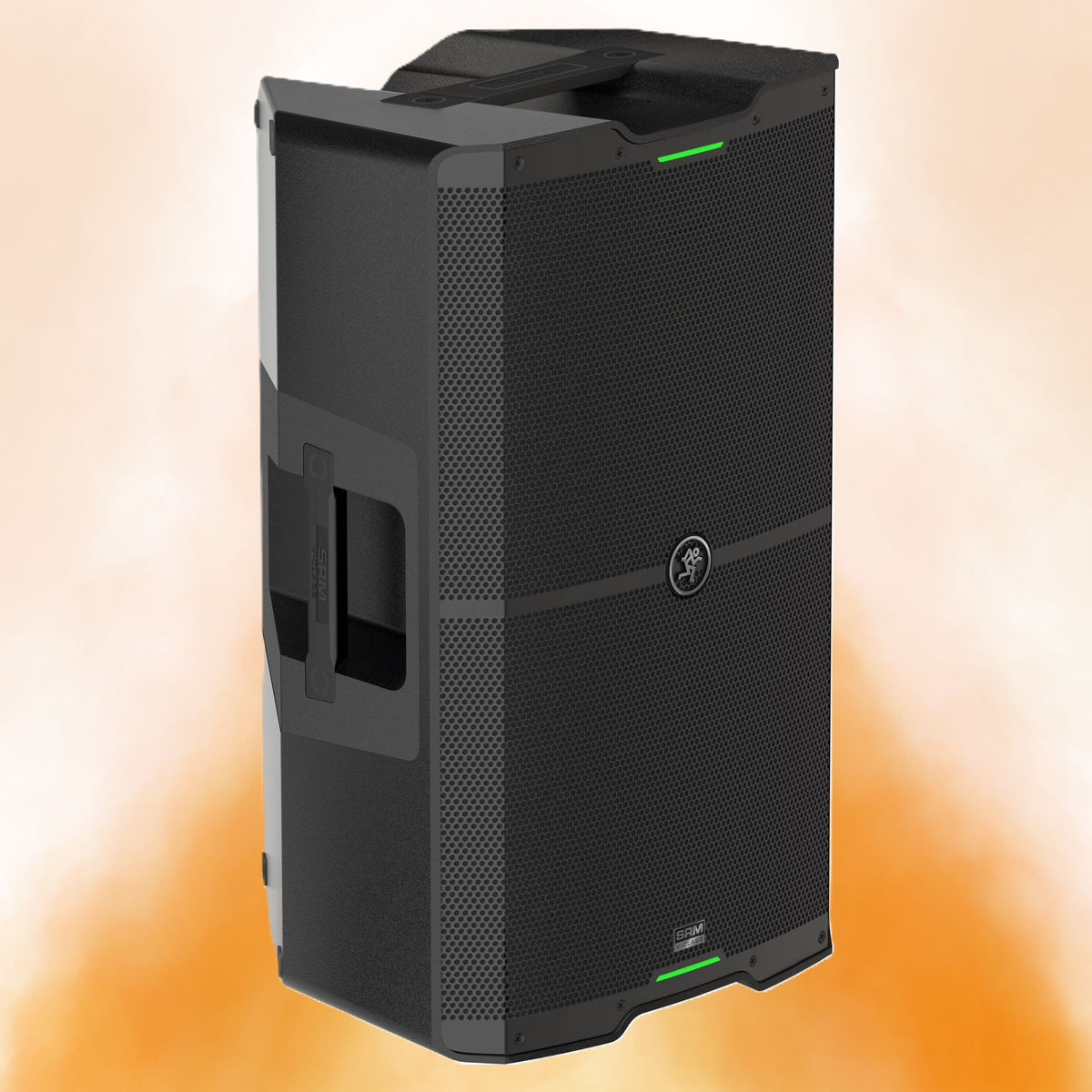 Angled view of Mackie SRM215 V-Class 15" 2000W High-Performance Powered Loudspeaker on orange background