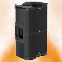 Angled view of Mackie SRM215 V-Class 15" 2000W High-Performance Powered Loudspeaker on orange background