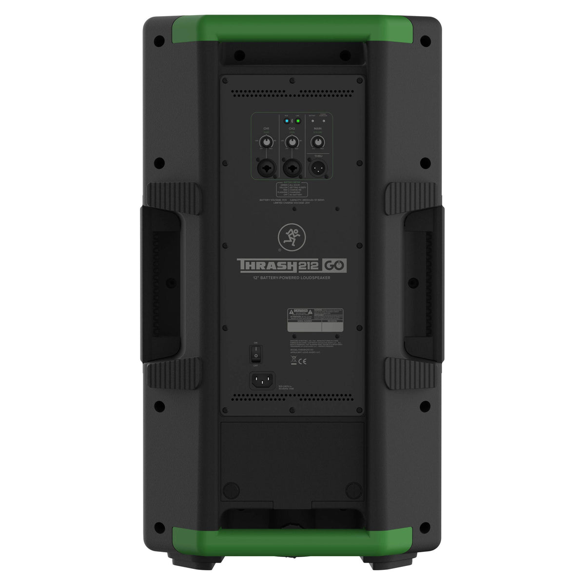 Rear ports view of Mackie Thrash212 GO 12" 300W Battery-Powered Loudspeaker on white background