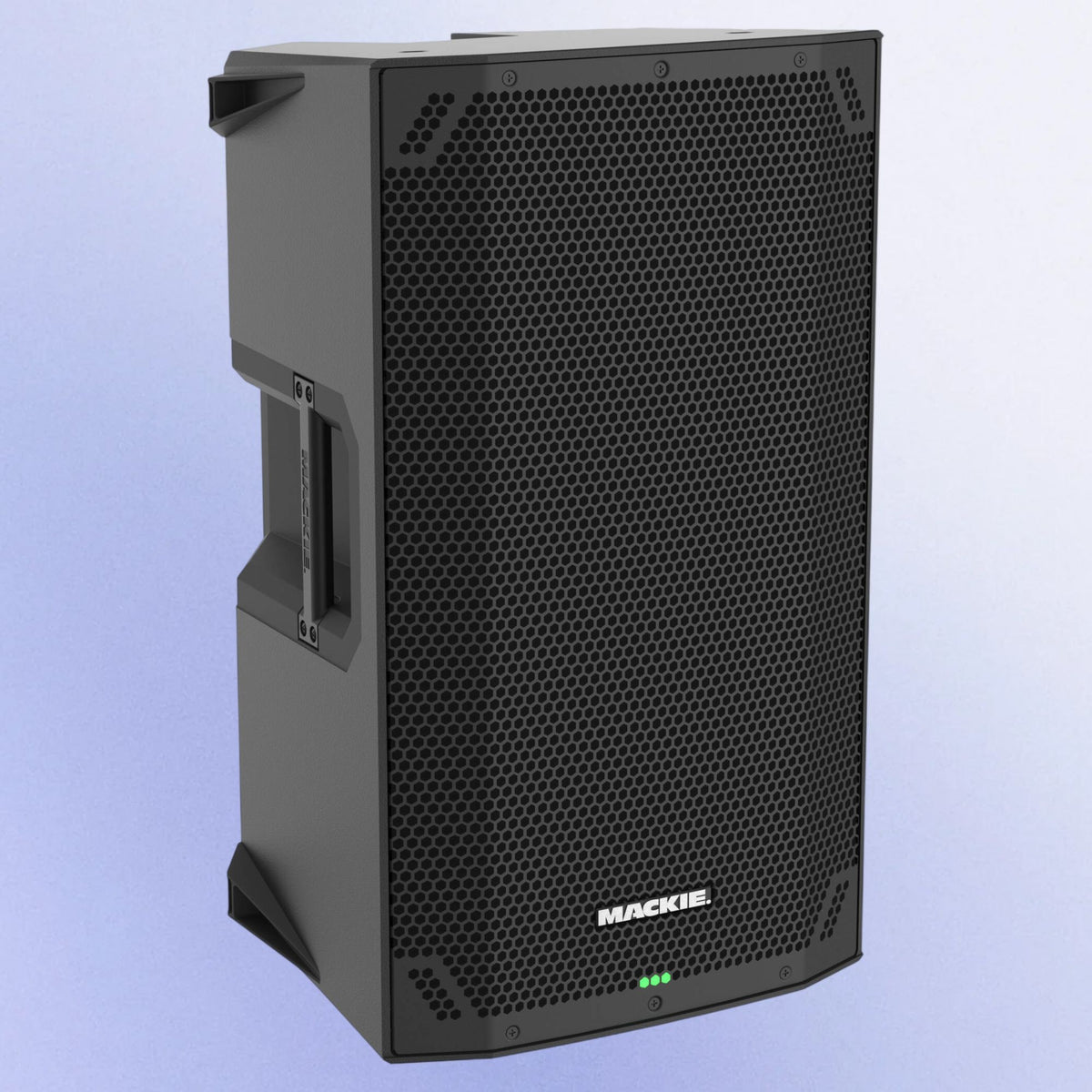 Angled view of Mackie Thump12v4 12” Professional Powered Loudspeaker on purple background