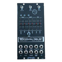 Front view of Maneco Labs 16 Seconds Digital Delay Moog 5U Module on white background