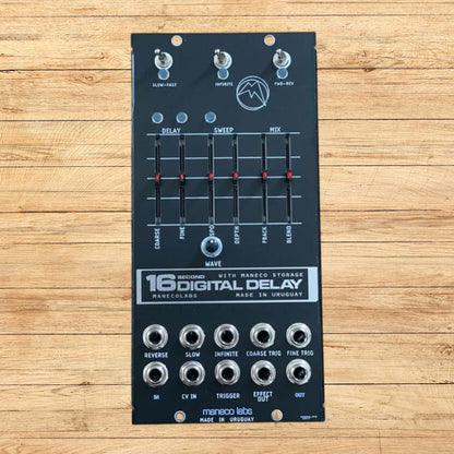 Front view of Maneco Labs 16 Seconds Digital Delay Moog 5U Module on wooden background