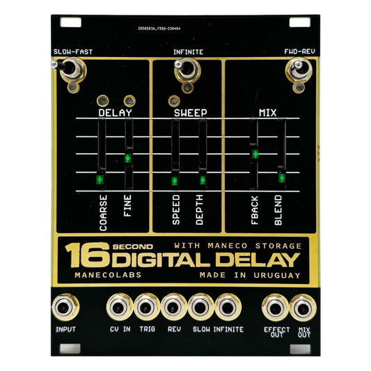 Front view of Maneco Labs 16 Seconds Digital Delay Vintage Eurorack Module on white background