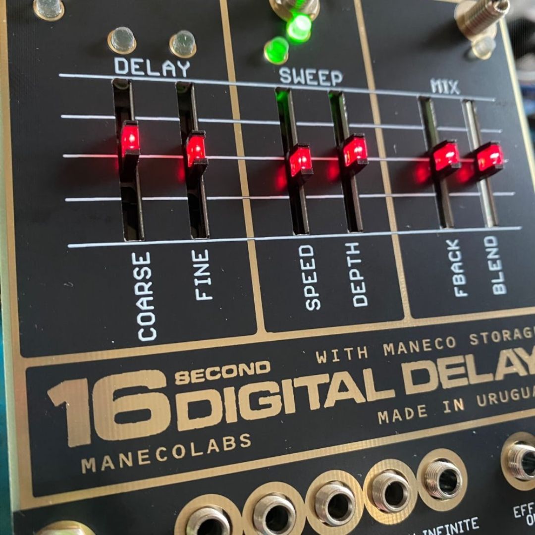 Angled close up view of Maneco Labs 16 Seconds Digital Delay Vintage Eurorack Module