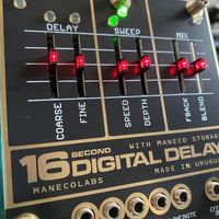 Angled close up view of Maneco Labs 16 Seconds Digital Delay Vintage Eurorack Module