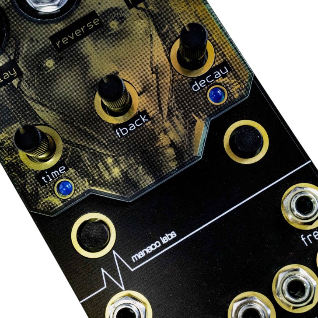 Close up angled view of Maneco Labs Clusterverb Module on white background